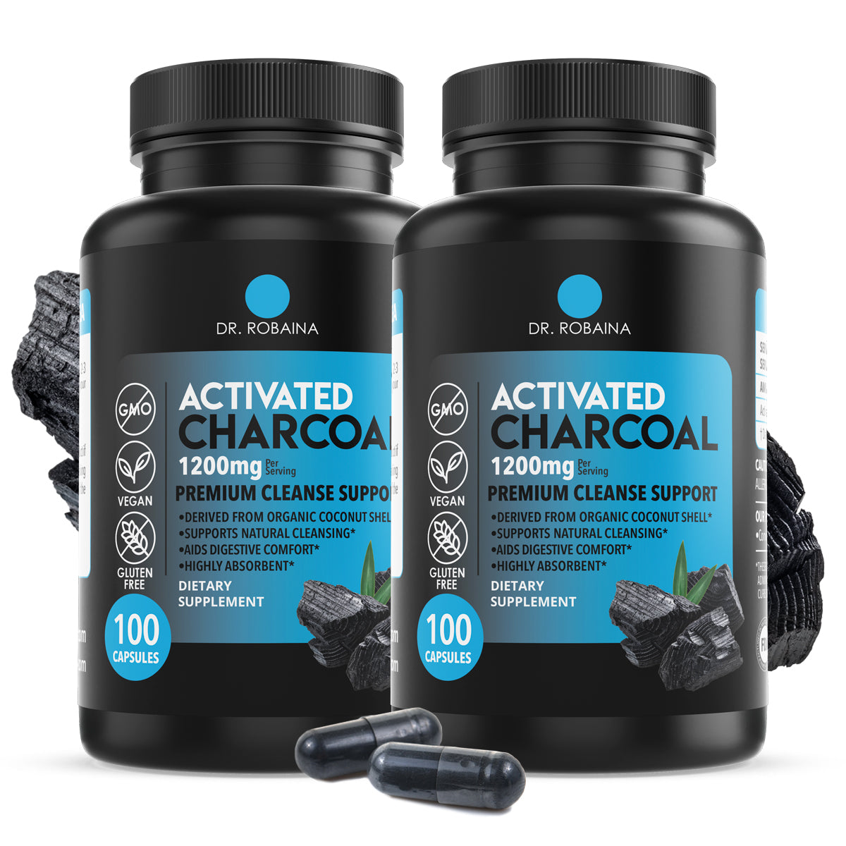 Dr. Robaina Activated Charcoal Capsules - 1200 mg Natural Detox and Digestive Support - 100 Capsules, Made in USA