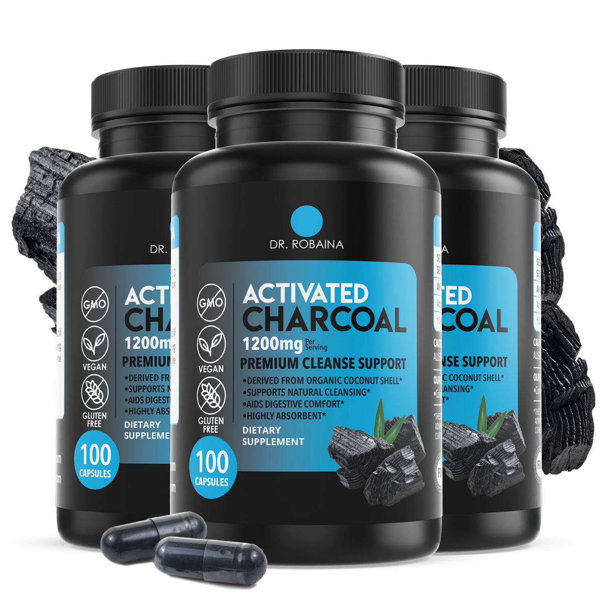 Dr. Robaina Activated Charcoal Capsules - 1200 mg Natural Detox and Digestive Support - 100 Capsules, Made in USA