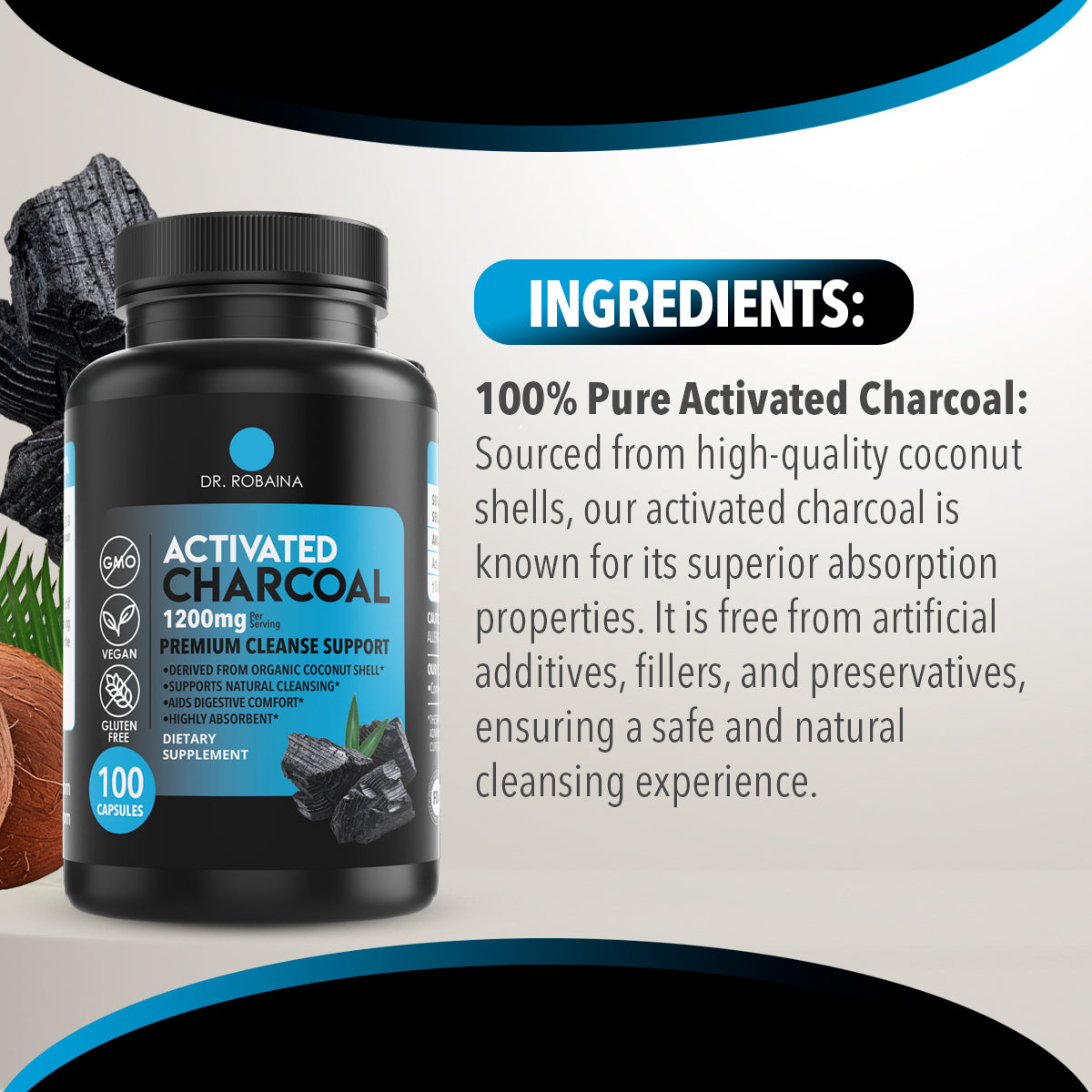 Dr. Robaina Activated Charcoal Capsules - 1200 mg Natural Detox and Digestive Support - 100 Capsules, Made in USA