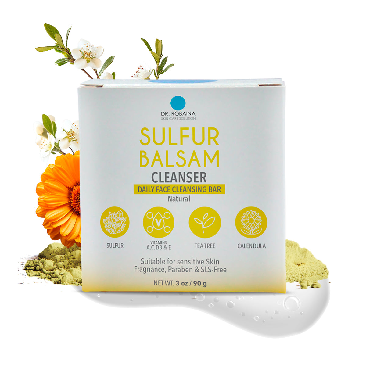 Dr. Robaina Sulfur Balsam Cleansing Bar - Daily Face & Body Soap for Itchy, Flaky Skin