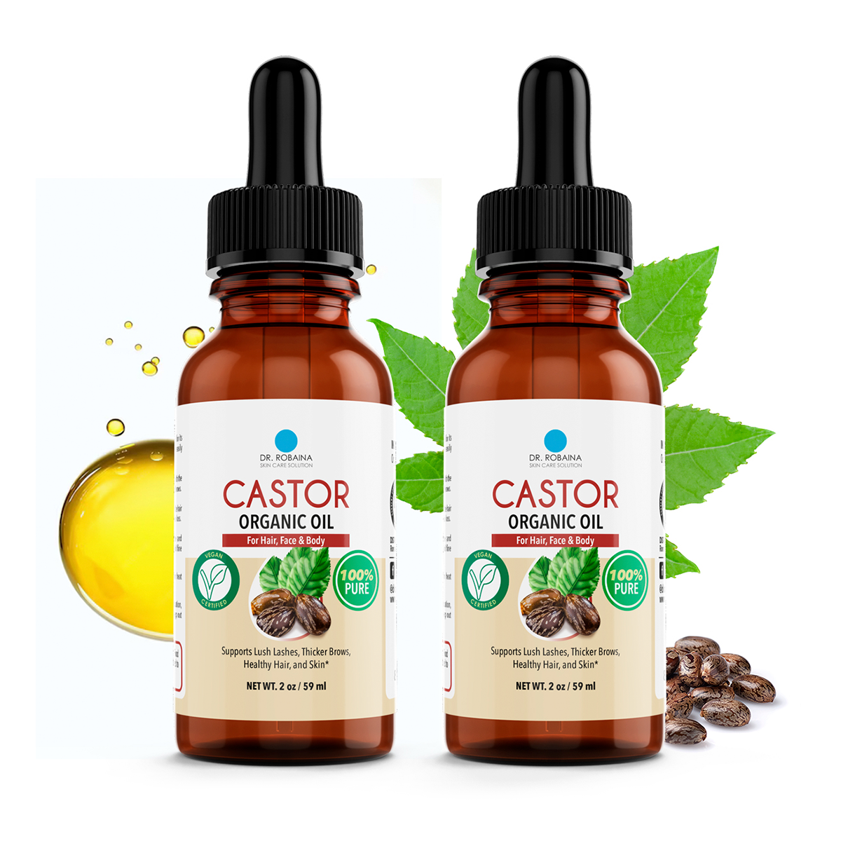 100% Pure Organic Castor Oil – Cold-Pressed for Hair Growth, Deep Skin Hydration, Eyelash & Eyebrow Strengthening – Vegan, Natural Moisturizer, Made in USA by Dr. Robaina
