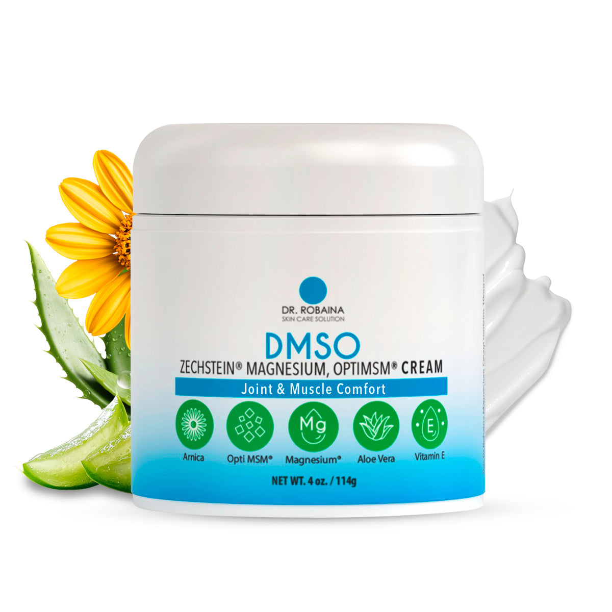 Dr. Robaina DMSO Cream - 99.9% Pure Pharmaceutical Grade | Skin Relief Formula with Zechstein Magnesium, Arnica, Aloe Vera, Vitamin E | Muscle & Joint Comfort | 4 oz | Made in USA