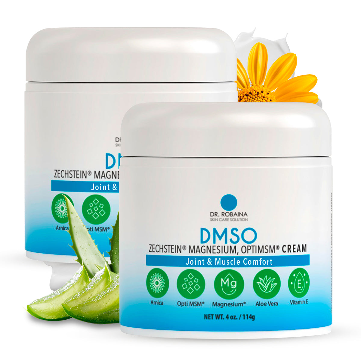 Dr. Robaina DMSO Cream - 99.9% Pure Pharmaceutical Grade | Skin Relief Formula with Zechstein Magnesium, Arnica, Aloe Vera, Vitamin E | Muscle & Joint Comfort | 4 oz | Made in USA