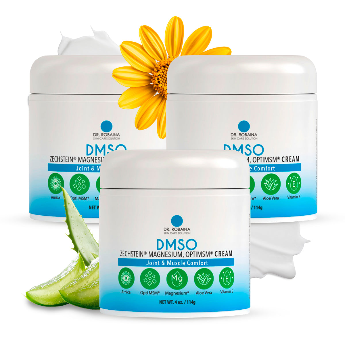 Dr. Robaina DMSO Cream - 99.9% Pure Pharmaceutical Grade | Skin Relief Formula with Zechstein Magnesium, Arnica, Aloe Vera, Vitamin E | Muscle & Joint Comfort | 4 oz | Made in USA