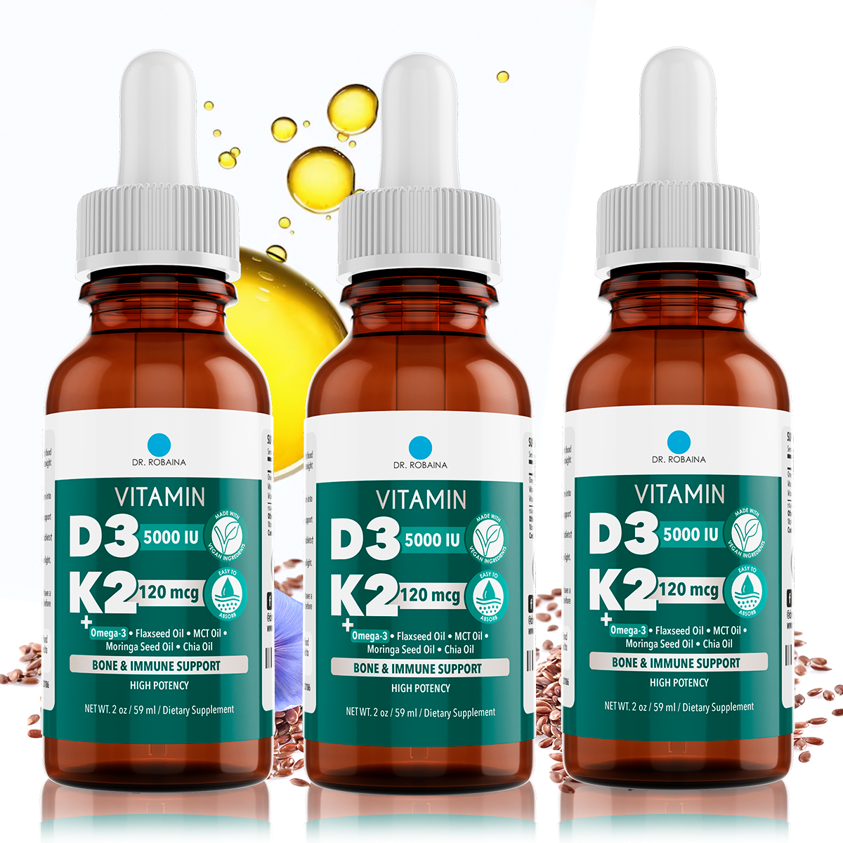 Dr. Robaina Vitamin D3 + K2 Drops – Vegan MCT Oil Liquid Supplement, 5000 IU D3 & 120 mcg MK-7, Sublingual Daily Vitamin D and K
