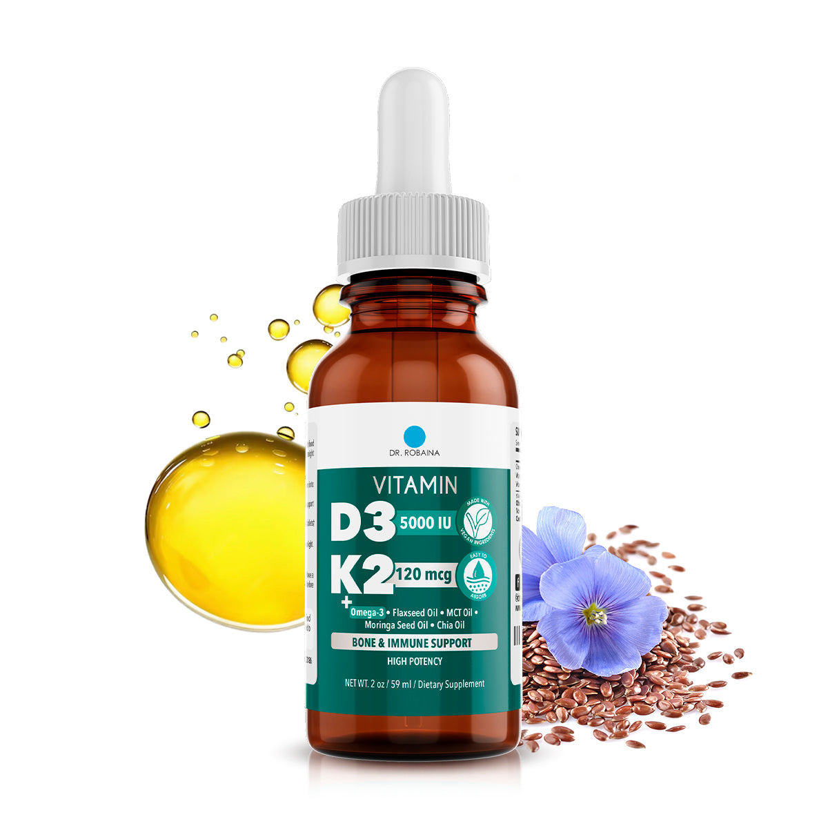 Dr. Robaina Vitamin D3 + K2 Drops – Vegan MCT Oil Liquid Supplement, 5000 IU D3 & 120 mcg MK-7, Sublingual Daily Vitamin D and K