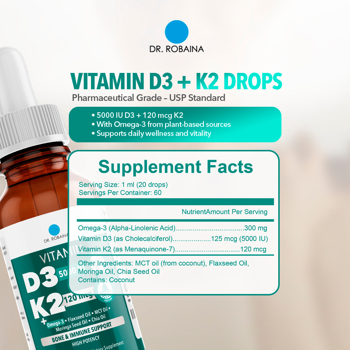 Dr. Robaina Vitamin D3 + K2 Drops – Vegan MCT Oil Liquid Supplement, 5000 IU D3 & 120 mcg MK-7, Sublingual Daily Vitamin D and K