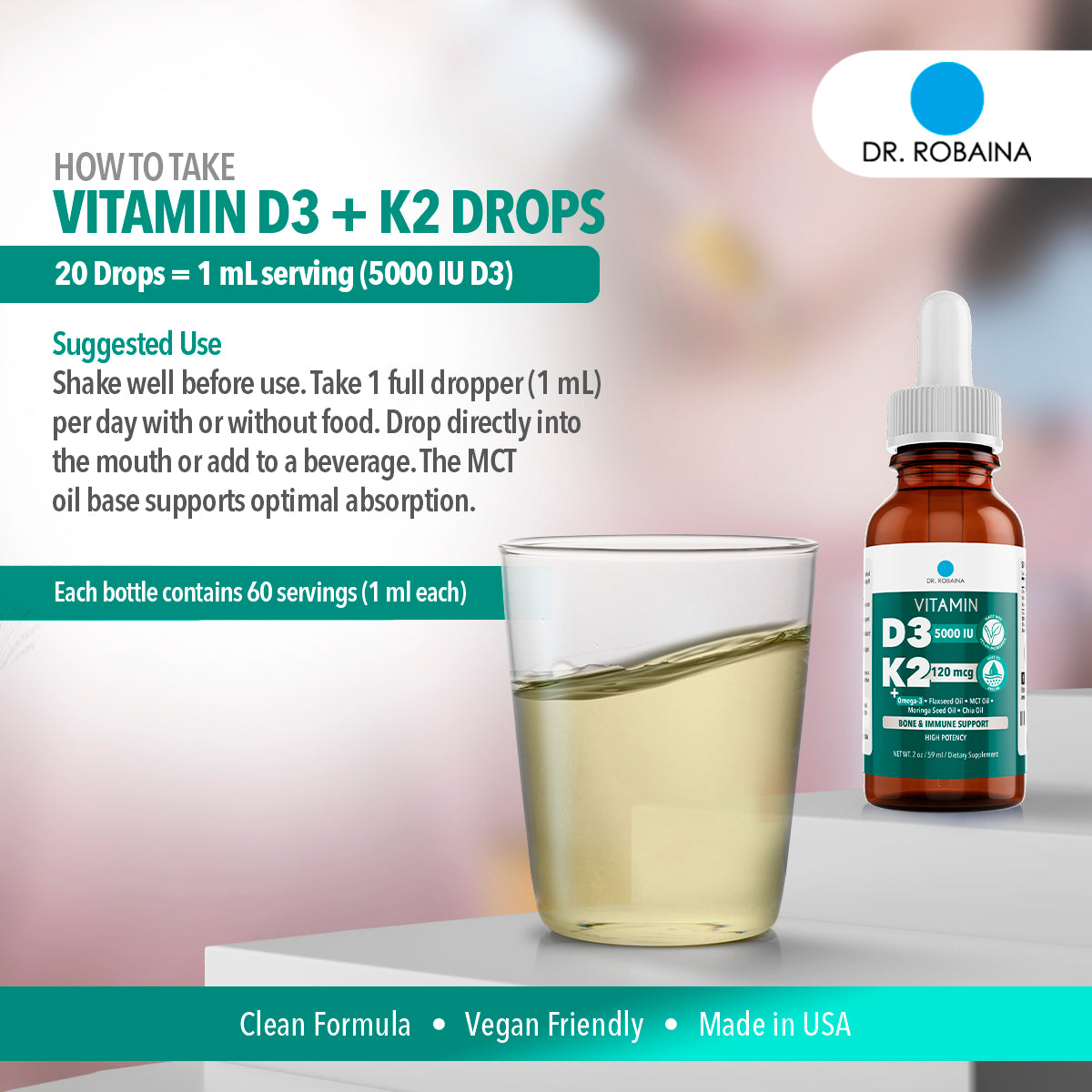 Dr. Robaina Vitamin D3 + K2 Drops – Vegan MCT Oil Liquid Supplement, 5000 IU D3 & 120 mcg MK-7, Sublingual Daily Vitamin D and K