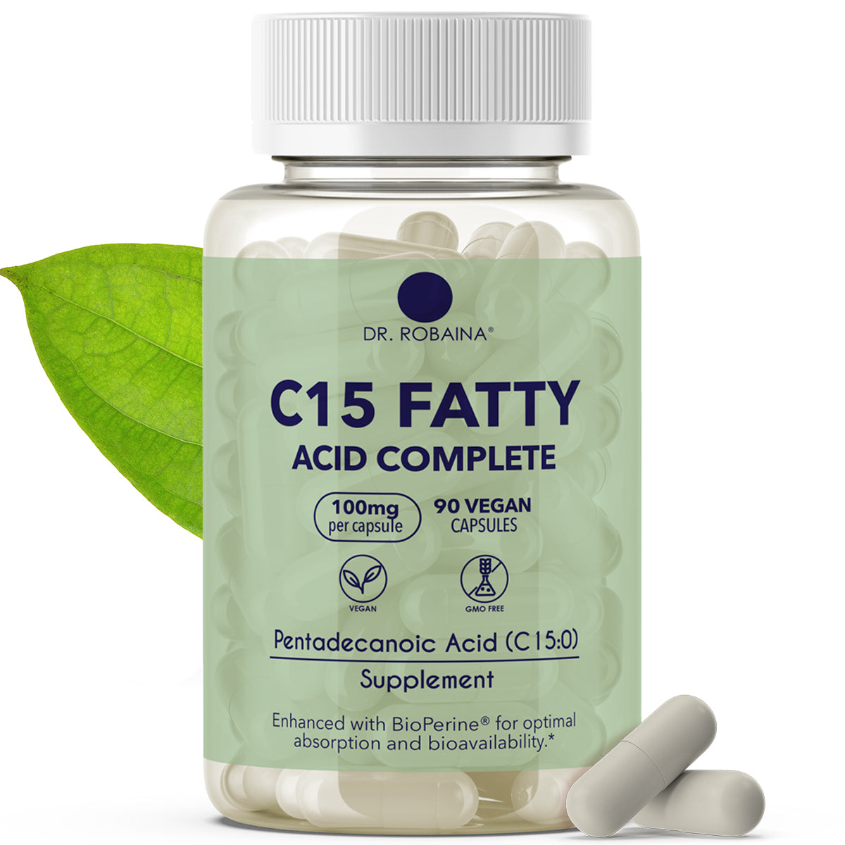 Dr. Robaina C15 Fatty Acid Supplement bottle with vegan capsules and BioPerine for absorption