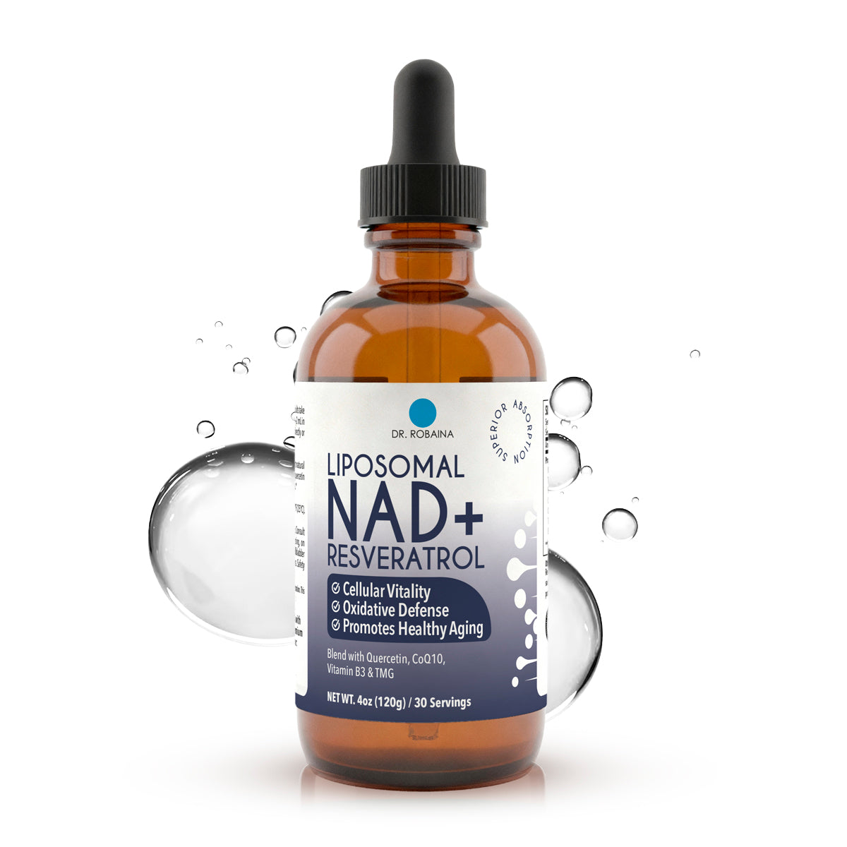 Dr. Robaina Liposomal NAD+ Resveratrol Drops - 400mg Complex with CoQ10 & Quercetin (4oz)