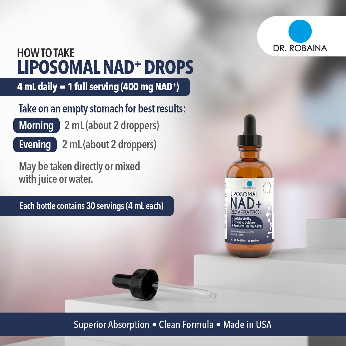 Dr. Robaina Liposomal NAD+ Resveratrol Drops - 400mg Complex with CoQ10 & Quercetin (4oz)