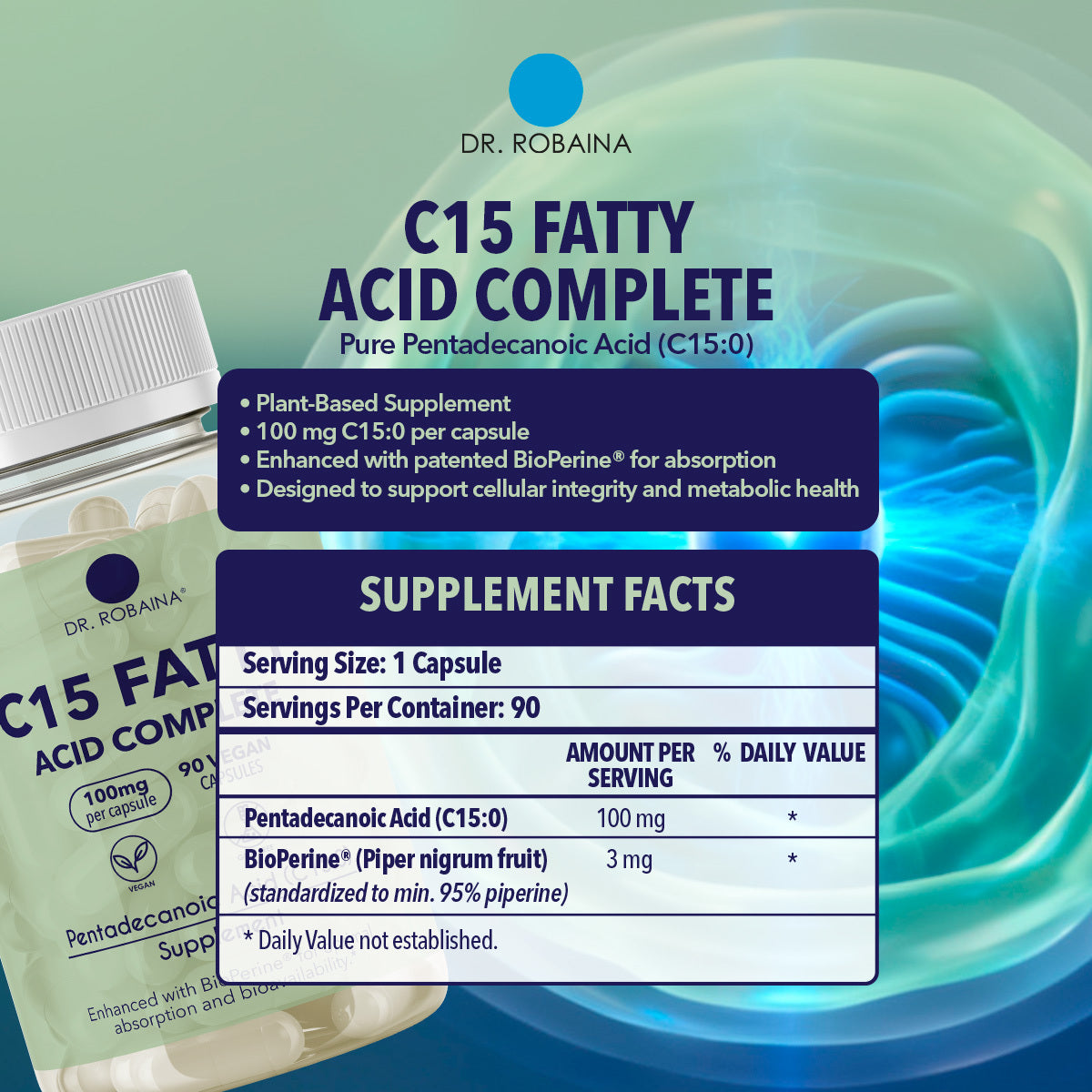 C15 Fatty Acid supplement facts: 100mg pentadecanoic acid, 3mg BioPerine per capsule.
