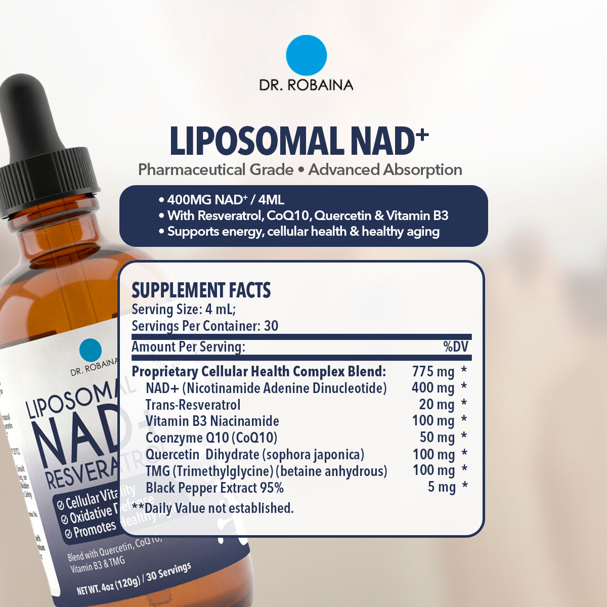 Dr. Robaina Liposomal NAD+ Resveratrol Drops - 400mg Complex with CoQ10 & Quercetin (4oz)