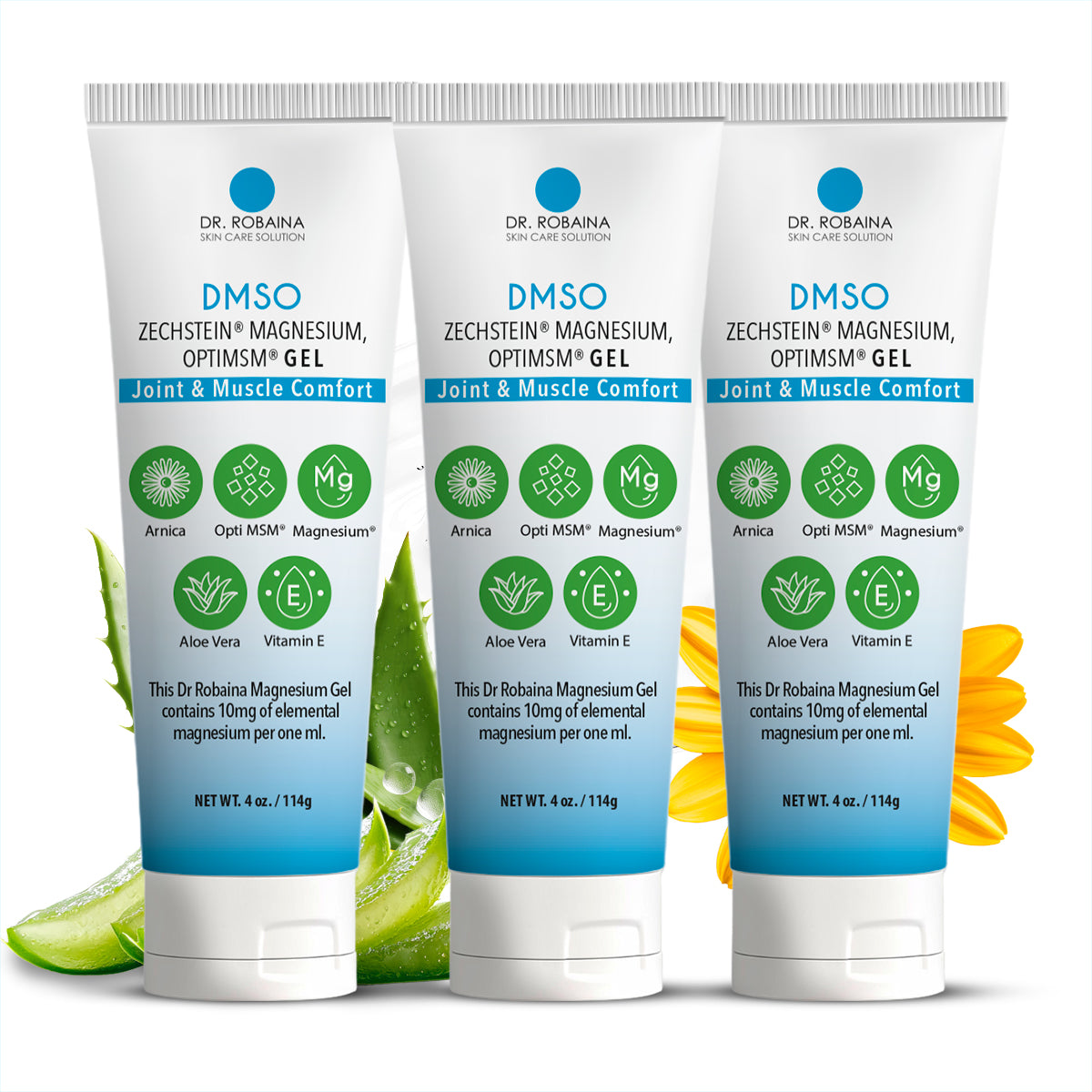 Dr. Robaina DMSO Gel - 99.9% Pure Pharmaceutical Grade | Skin Relief Formula with Zechstein Magnesium, Arnica, Aloe Vera, Vitamin E | Muscle & Joint Comfort | 4 oz | Made in USA