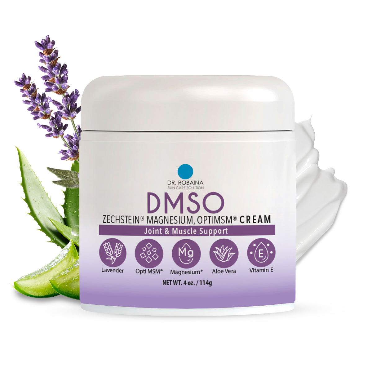 Dr. Robaina Lavender DMSO Cream - 99.9% Pure Pharmaceutical Grade | Skin Nourishing Formula with Zechstein Magnesium, Arnica, Aloe Vera, Vitamin E - 4 oz | Made in USA