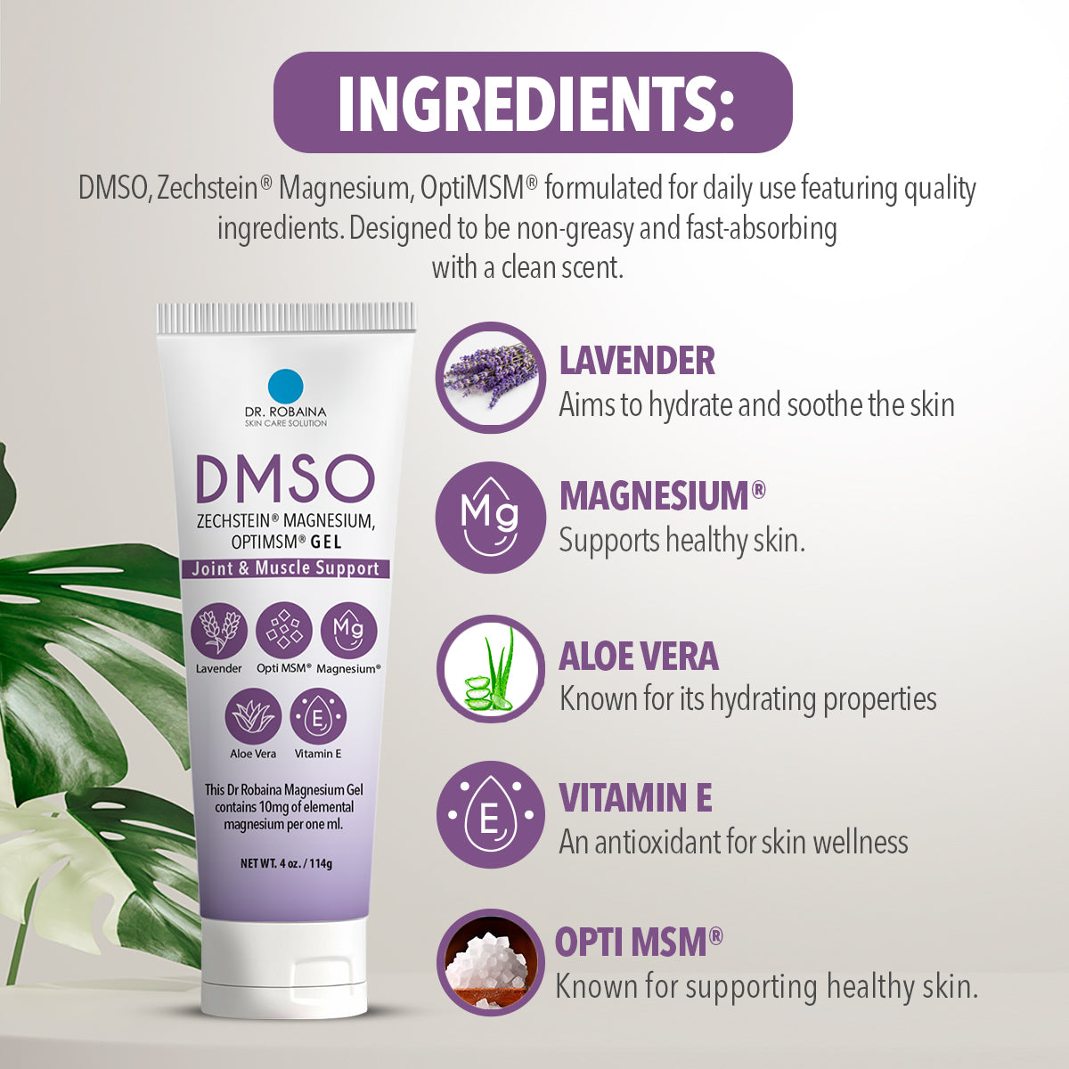 Dr. Robaina DMSO Lavender Gel - 99.9% Pure Pharmaceutical Grade | Skin Relief Formula with Zechstein Magnesium, Arnica, Aloe Vera, Vitamin E | Muscle & Joint Comfort | 4 oz | Made in USA