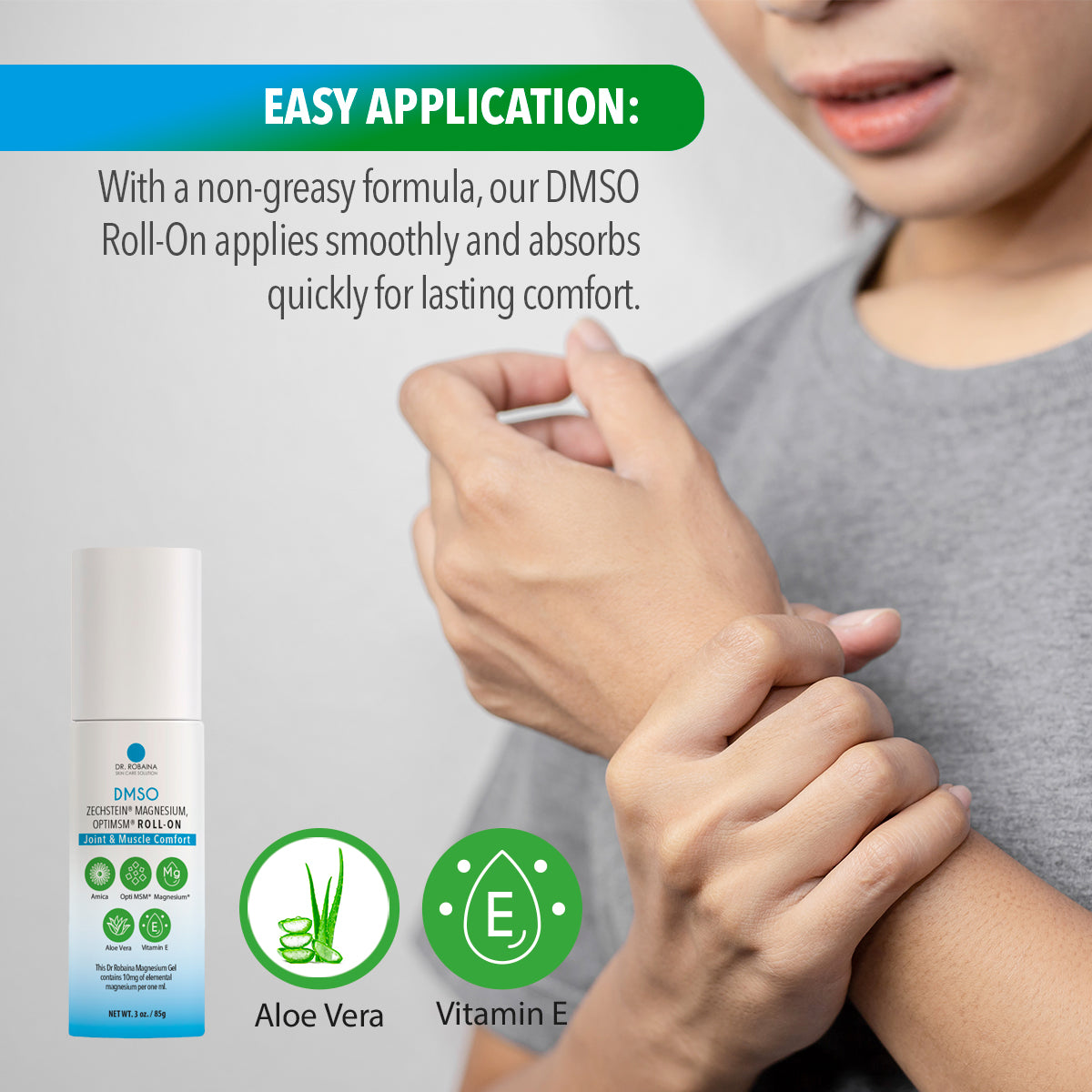 Dr. Robaina DMSO Roll-On - Quick-Absorbing Skin Care with Arnica, Magnesium, Aloe Vera, and Vitamin E | Non-Greasy Formula for Muscle & Joint Comfort | Made in The USA | 3 oz