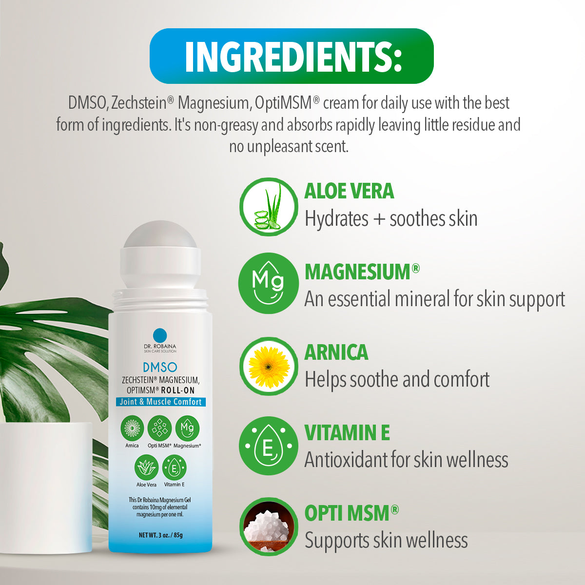 Dr. Robaina DMSO Roll-On - Quick-Absorbing Skin Care with Arnica, Magnesium, Aloe Vera, and Vitamin E | Non-Greasy Formula for Muscle & Joint Comfort | Made in The USA | 3 oz