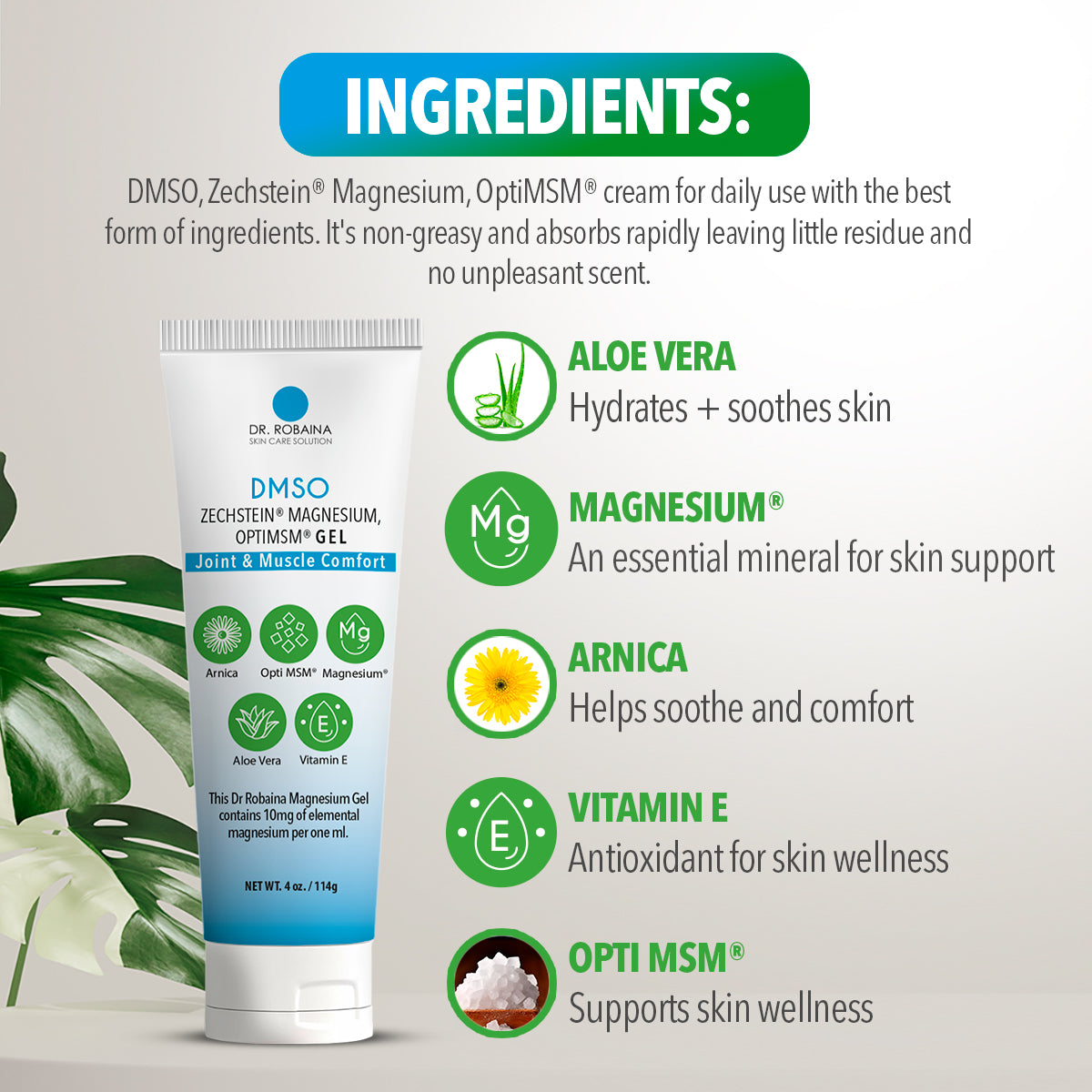 Dr. Robaina DMSO Gel - 99.9% Pure Pharmaceutical Grade | Skin Relief Formula with Zechstein Magnesium, Arnica, Aloe Vera, Vitamin E | Muscle & Joint Comfort | 4 oz | Made in USA