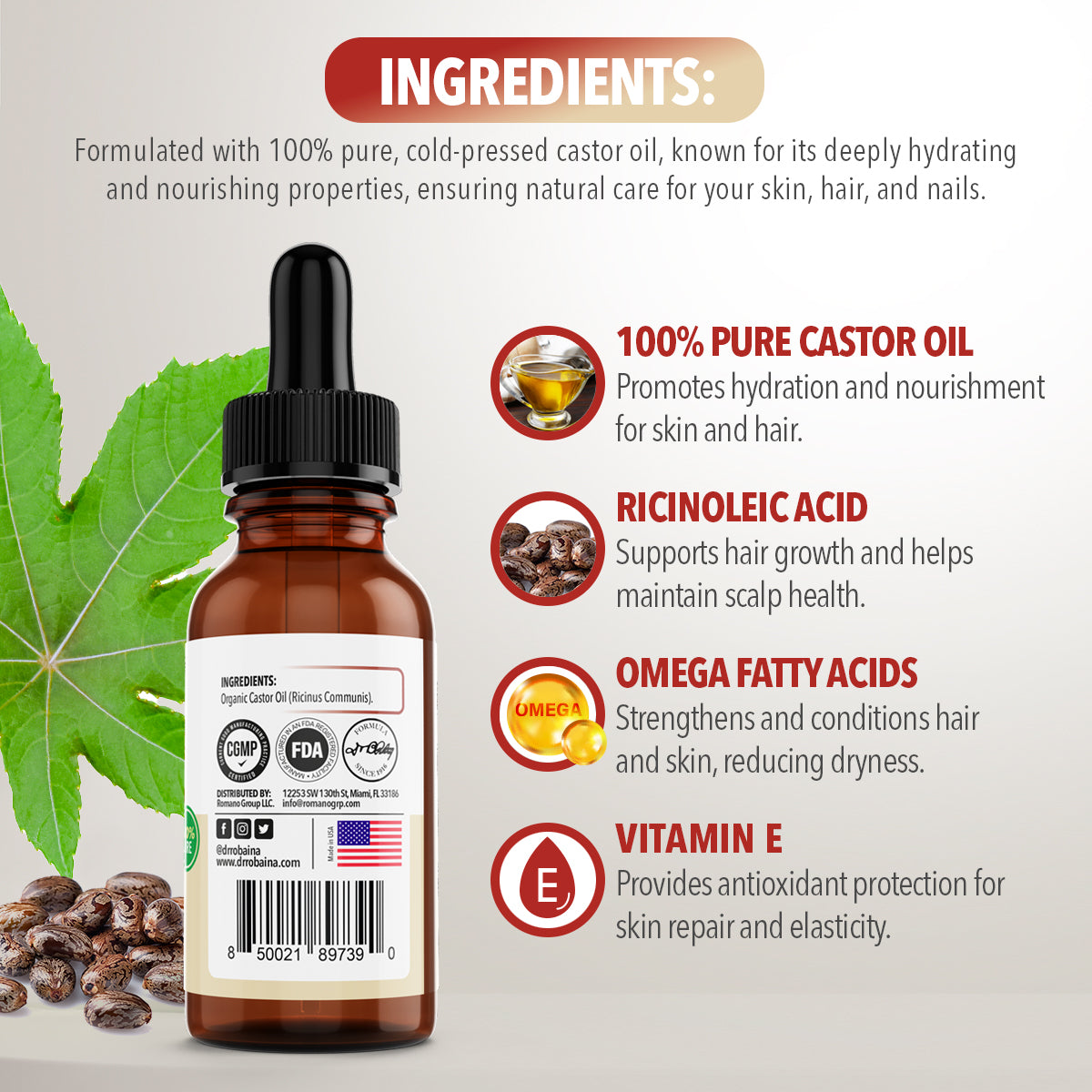 100% Pure Organic Castor Oil – Cold-Pressed for Hair Growth, Deep Skin Hydration, Eyelash & Eyebrow Strengthening – Vegan, Natural Moisturizer, Made in USA by Dr. Robaina