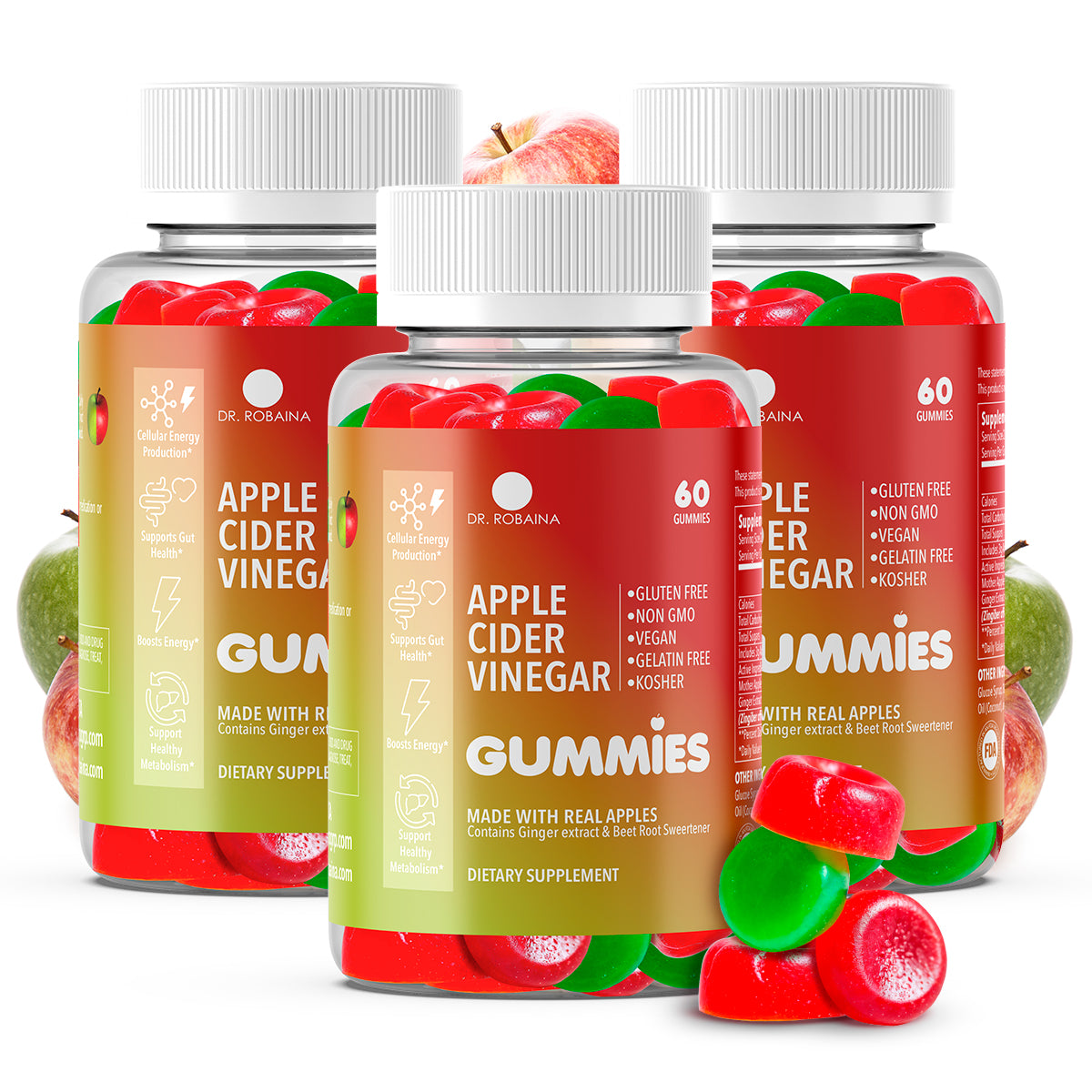 Dr. Robaina Apple Cider Vinegar Gummies – Supports Metabolism & Digestive Health – Vegan, Non-GMO, Gluten-Free – Made in USA