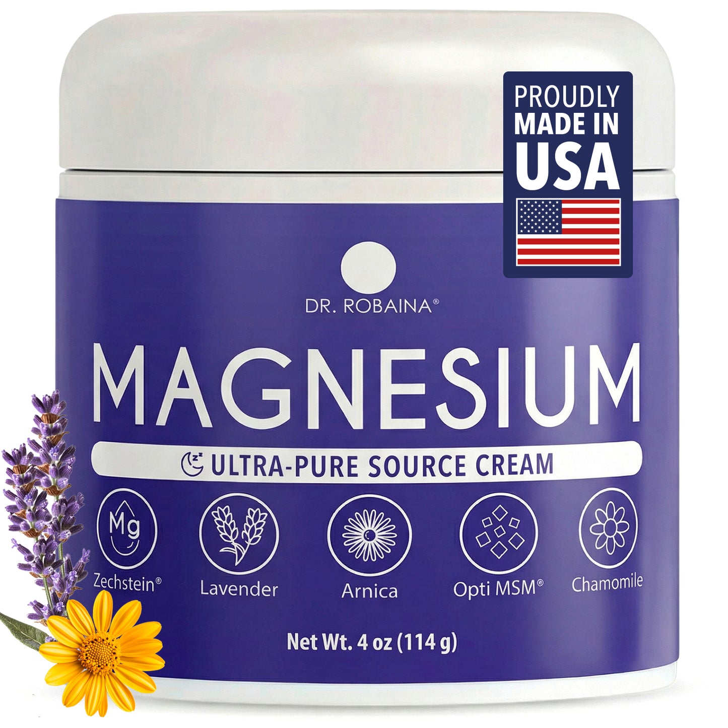 Dr. Robaina magnesium ultra-pure source cream jar with flowers on a white background