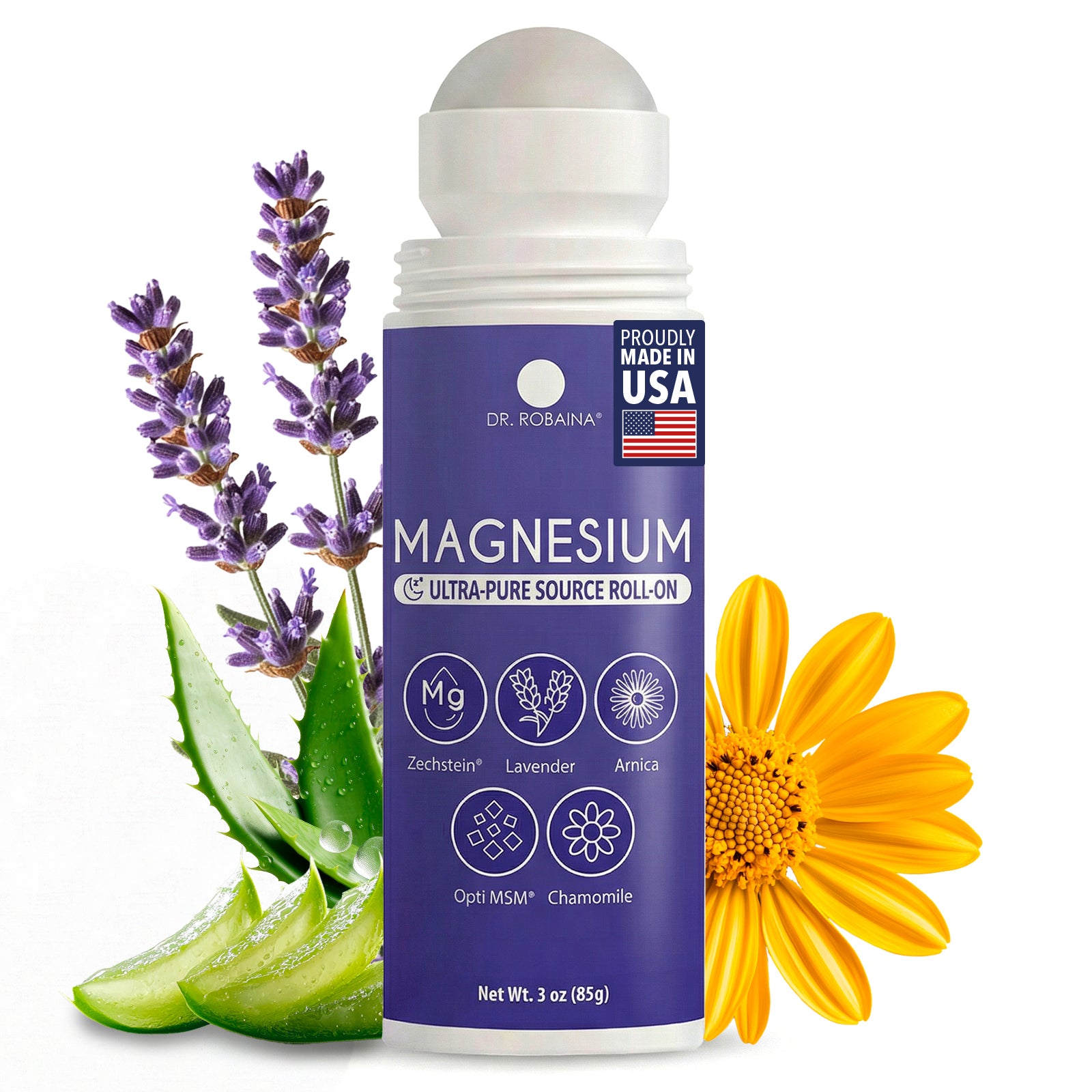 Dr. Robaina magnesium roll-on with lavender, aloe vera, and chamomile on a white background