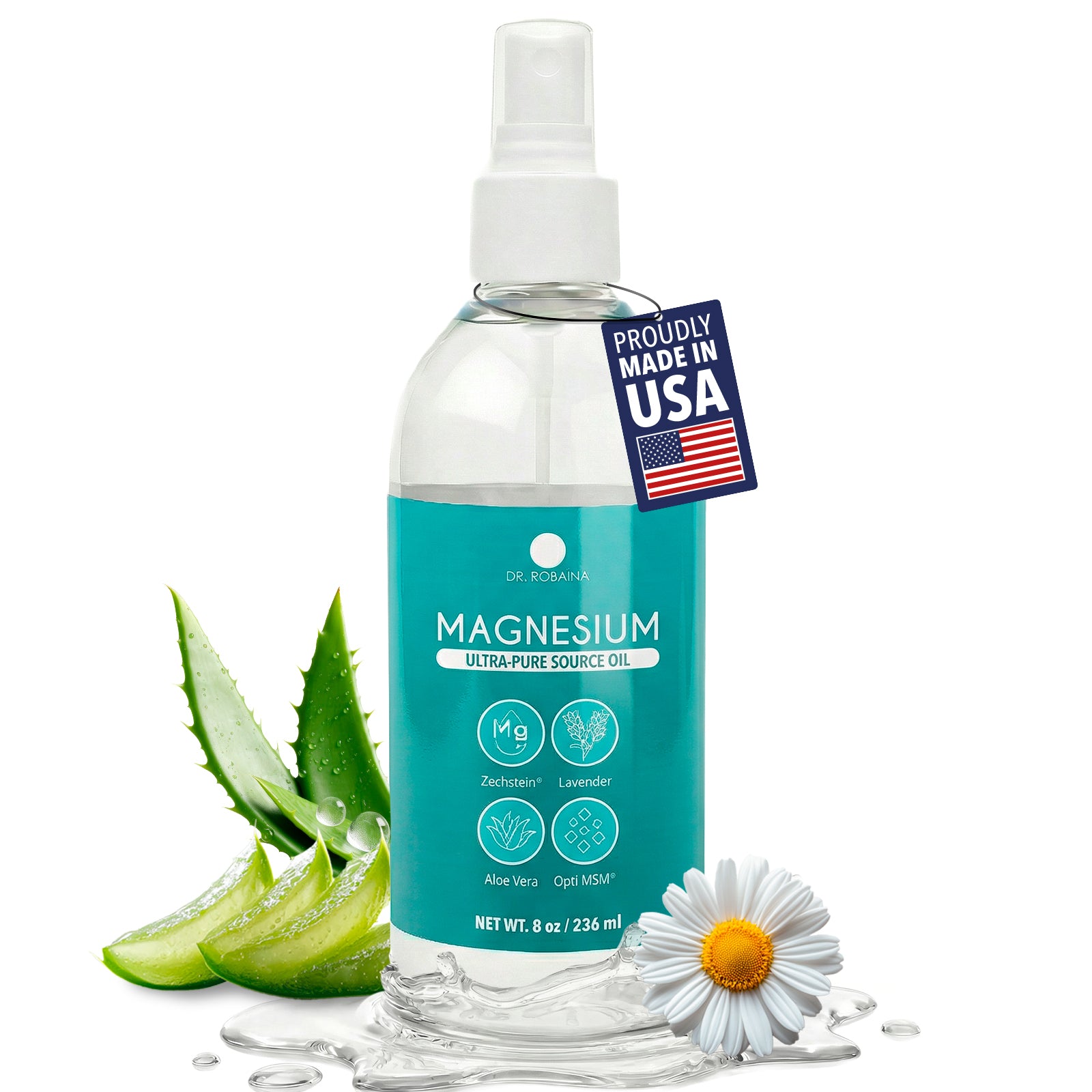 Bottle of magnesium oil with aloe vera and a daisy on a white background