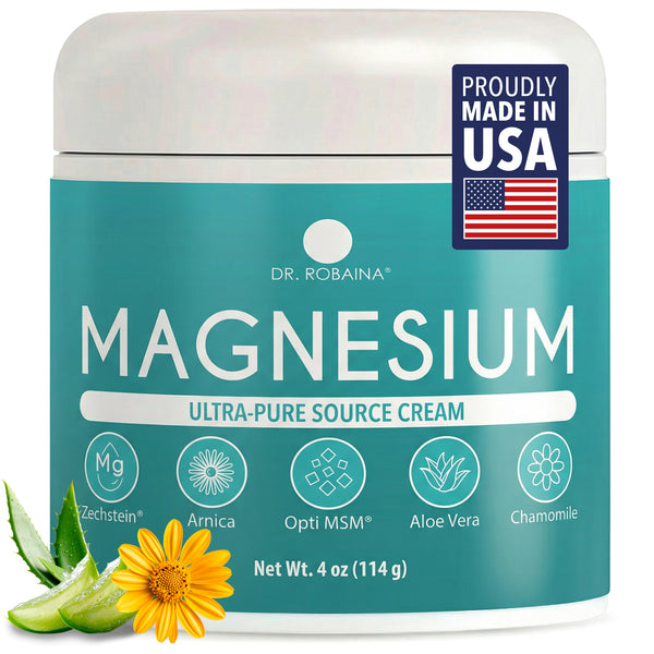Dr. Robaina Magnesium Ultra-Pure Source Cream container with USA label and natural elements.