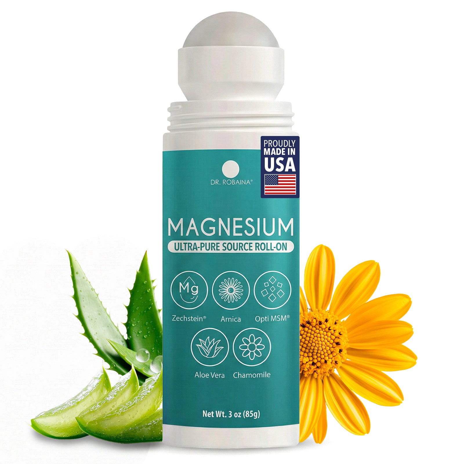 Dr. Mercola Magnesium Ultra-Pure Source Roll-On with aloe vera and daisy on a white background