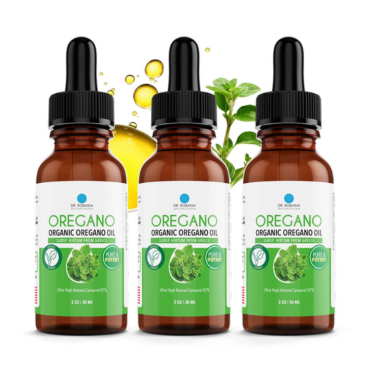 Dr. Robaina 100% Pure Organic Oregano Oil – High Carvacrol 87%, Immune & Digestive Support – Cold-Pressed, Vegan – Subsp. Hirtum from Greece