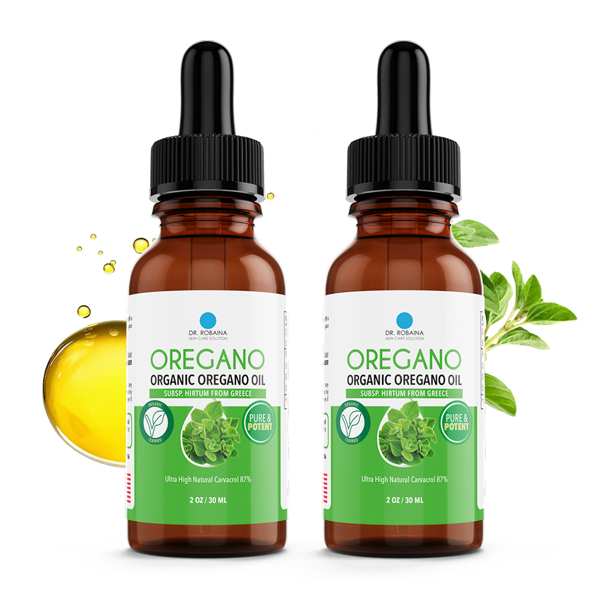 Dr. Robaina 100% Pure Organic Oregano Oil – High Carvacrol 87%, Immune & Digestive Support – Cold-Pressed, Vegan – Subsp. Hirtum from Greece