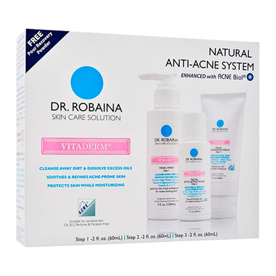Dr. Robaina Vitaderm Natural Anti-Acne Complete System - 3-Step Kit (Wash, Toner, Serum), Default Title